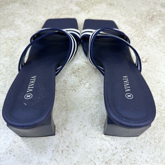 VIVAIA Womens Sz 39 Jennifer Square-Toe Block Heel Criss-Cross Navy White Sandal - Picture 9 of 14